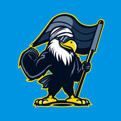 Cartoon eagle mascot holding flag vector illustration isolated