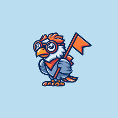Cartoon bird character holding flag with goggles and stylish outfit