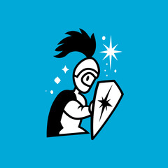 Cartoon knight with shield and star on blue background illustration