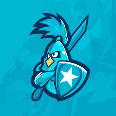Cartoon bird warrior with sword and shield on blue background