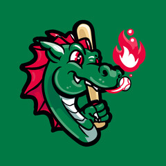 Obraz premium Cartoon dragon with baseball bat ball and fire element on green background