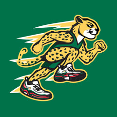 Cartoon cheetah mascot running fast on green background vector illustration