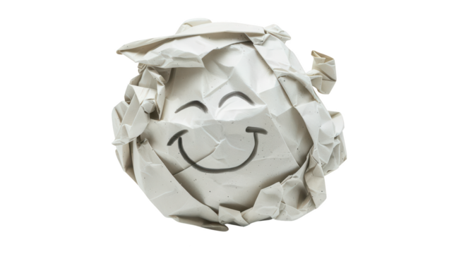 Crumpled paper ball with drawn smiling face