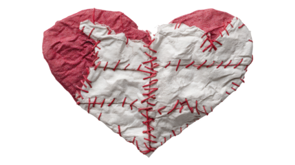 Crumpled paper heart stitched together with red thread