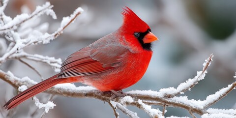 Vibrant Red Cardinal Perched on a Snow-Covered Branch During Winter in a Scenic Outdoor Landscape