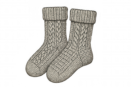 Pair of warm knitted wool socks drawing, hand-drawn vintage cozy winter clothing footwear illustration