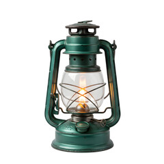 Rustic Antique Kerosene Lantern in Dark Green with an Illuminated Wick