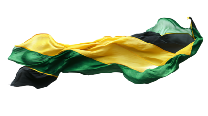 Vibrant Jamaican flag waving in the wind, symbolizing national pride against a clear backdrop