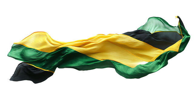 Vibrant Jamaican flag waving in the wind, symbolizing national pride against a clear backdrop
