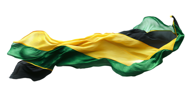 Vibrant Jamaican flag waving in the wind, symbolizing national pride against a clear backdrop