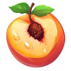 Vibrant peach with a glossy skin, showcasing its juicy interior and a fresh green leaf on top