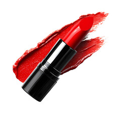 Vibrant red lipstick tube with a bold swipe of color, showcasing beauty product for makeup enthusiasts