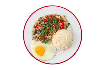 Thai Basil Pork with Fried Egg and Rice – Isolated on White with Clipping Path