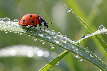 Obraz premium Ladybug on a blade of grass covered with water droplets in the morning