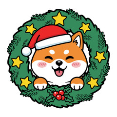 Adorable Shiba Inu dog wearing a Santa hat peeking through a festive Christmas wreath adorned with stars and holly berries, celebrating the holiday season with joy and cheer