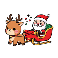 Cute Christmas Santa Claus riding a sleigh pulled by a reindeer, vector illustration