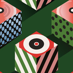Geometric cubes with bold patterns and retro color palette on green background