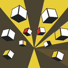 Abstract geometric cubes floating in radial yellow and brown rays