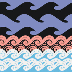 Stylized ocean waves pattern in black lavender coral and blue tones