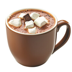 Warm cup of hot chocolate topped with marshmallows and chocolate chunks, cozy indoor setting