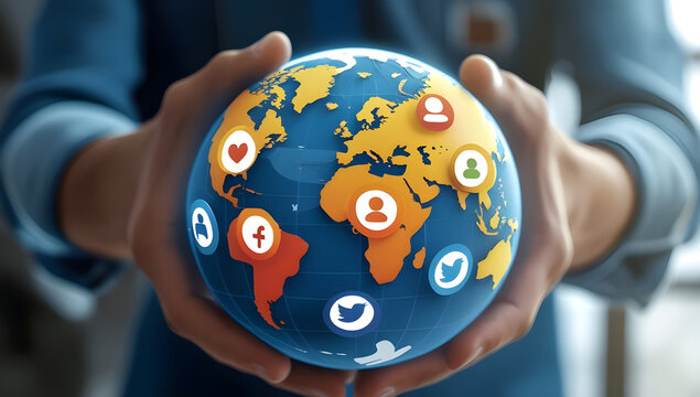 A person's hands gently cupping a glowing globe adorned with various social media icons