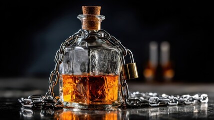 Glass bottle filled with amber liquid, secured with a metal chain and padlock, resting on a reflective surface, creating a dramatic and mysterious atmosphere