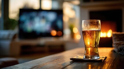 Glass of golden beer sits on a wooden table in a cozy living room, with a warm fireplace and a television softly glowing in the background, creating a relaxing atmosphere