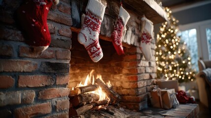 Cozy fireplace adorned with festive stockings, crackling flames illuminating a warm living room, decorated Christmas tree in the background creating a joyful holiday atmosphere