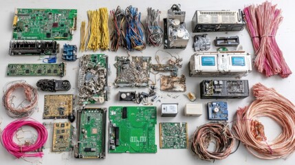 Collection of electronic circuit boards, wires, and components arranged on a white surface, showcasing intricate details of technology and electronic waste recycling process