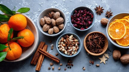 Fresh oranges, assorted nuts, dried fruits, and spices arranged in bowls on a textured surface, creating a vibrant and inviting culinary display for seasonal cooking inspiration