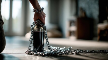 Hand gripping a chained bottle of dark liquid on wooden floor, symbolizing struggle and entrapment, with soft natural light illuminating the scene and creating a dramatic atmosphere
