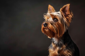 Fototapeta premium Yorkshire terrier looking up with curiosity in studio shot on dark background