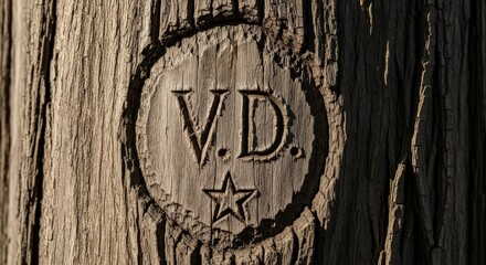 Rustic tree carving of V.D. with star offers textured charm for nature-inspired designs and backgrounds