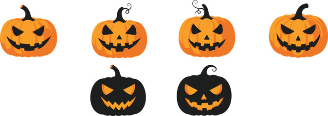 Vector art of collection of carved jackolantern pumpkins