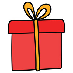 Hand-drawn cartoon closed red gift box with yellow ribbon on a white background.