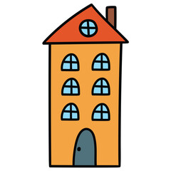 Hand-drawn cartoon house on a white background.