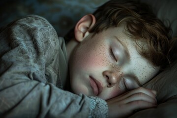 Redhead freckled child sleeping peacefully in soft light, conveying tranquility and rest