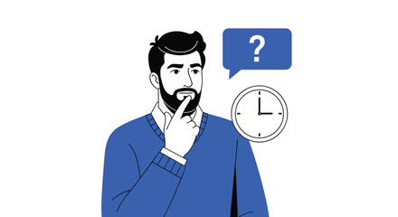 Contemplative Man Pondering Time Management Dilemma in Minimalist Setting, Reflecting on Schedule Planning for Increased Productivity and Efficiency in Business Strategy, Depicted in Modern Flat Vecto