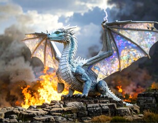 Majestic dragon amidst fiery backdrop