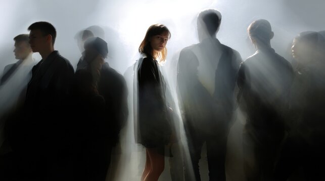 A young woman stands out from the blurry, ghostly silhouettes in the center of a crowd. Concepts of loneliness, individuality, and self-discovery.