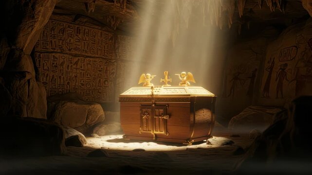 Ancient Egyptian Ark of the Covenant in a Hidden Cave with Hieroglyphs and Golden Light