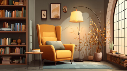 A cozy reading nook features a comfortable yellow armchair, floor lamp, bookcase, and window with sunlight illuminating the inviting interior space.