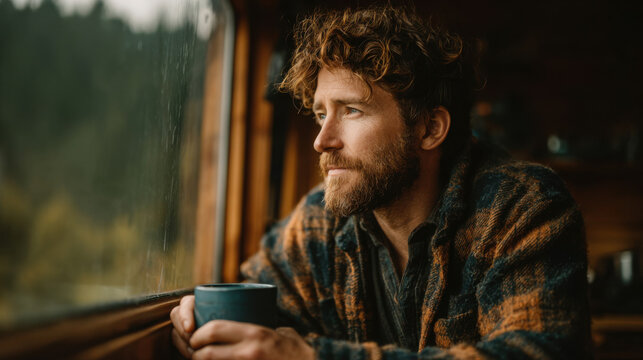 A thoughtful man with curly hair and a flannel shirt gazes out a rainy window while holding a mug, lost in contemplation and enjoying a peaceful moment.