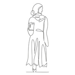 One continuous single drawing line art flat doodle muslim, woman, hot drink, lifestyle, drink, female, arab, adult. Isolated image hand draw contour on a white background, hand drawn, not AI