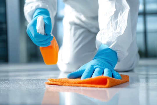 Person in protective gear cleaning a surface with spray bottle and cloth in a bright interior space