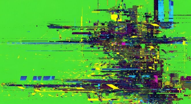 Digital data glitch on green screen. Abstract technological background for video overlay. Broken screen effect or dynamic cyber interference.