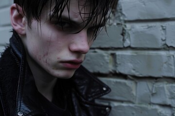 Portrait of a serious young man with wet hair, scars, and a black leather jacket standing against a brick wall