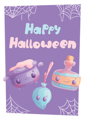 Halloween greeting card design. Cute witch bottle, cauldron with magic potion, flying broom. Cartoon children's vector illustration for the design of postcards, posters, banners, invitations