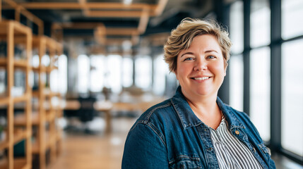 Portrait of overweight caucasian woman with short hair, wearing a shirt and a jacket, smiling, large windows, modern office wooden shelves behind her. Attractive obese, plus-size woman, job candidate.