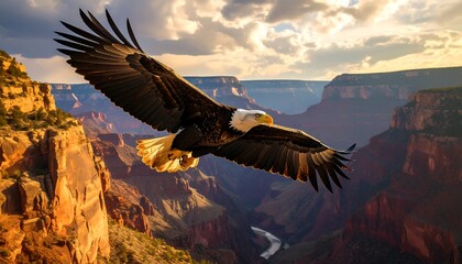 Majestic eagle soaring over Grand Canyon at sunset